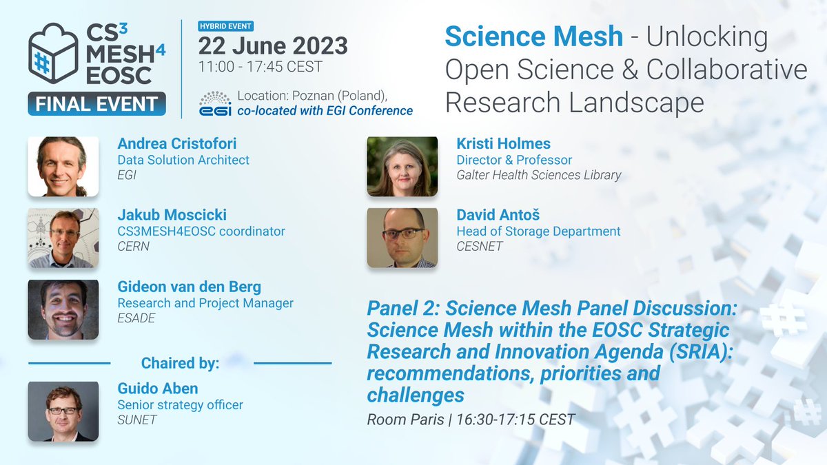 📌#ScienceMesh live panel @EGI_eInfra #EGI2023!

🙌Guido Aben #SUNET Andrea Cristofori @EGI_eInfra @kristiholmes @galterlibrary Jakub Moscicki @CERN David Antos @CESNET_cz @Gideonvdb @Esade 

🚀#CS3MESH4EOSC is shaping the #EOSC implementation & fostering #OpenScience in #EU