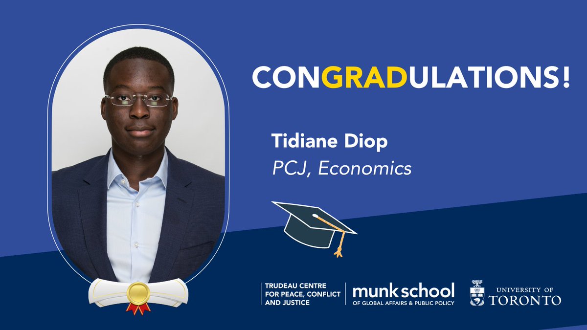 TrudeauPCJ's tweet photo. The PCJ program would like to congratulate our Woodsworth College students who will be graduating today.

First up, Congratulations to Tidiane Diop who is graduating from PCJ and Economics.

#UofTGrad23 @UofT @munkschool https://t.co/Rk4N7lrjF6