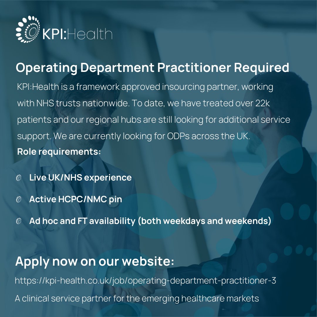 KPI Health (@kpihealth) on Twitter photo KPI:Health are now seeking discussions with Operating Department Practitioners (Outside IR35)
Job Location: Nationwide
Salary: £500
💻 kpi-health.co.uk/job/operating-…
✉️ Jack.smith@kpi-health.co.uk
#healthcare #recruitment #jobposting #ODPs #operatingdepartmentpractitioners KPI:Health are now seeking discussions with Operating Department Practitioners (Outside IR35)
Job Location: Nationwide
Salary: £500
💻 kpi-health.co.uk/job/operating-…
✉️ Jack.smith@kpi-health.co.uk
#healthcare #recruitment #jobposting #ODPs #operatingdepartmentpractitioners