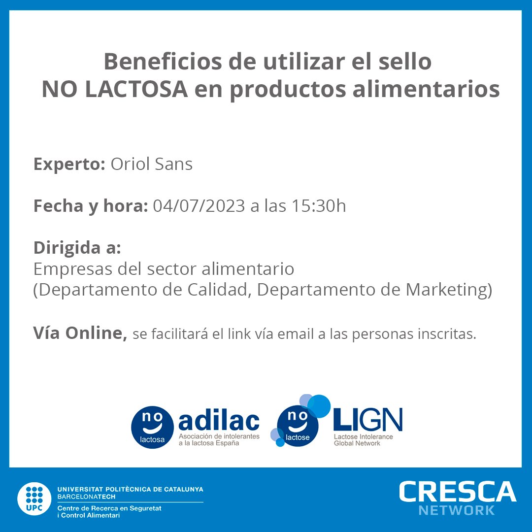 cresca_net's tweet photo. El SELLO NO LACTOSA en productos alimentarios como valor diferenciador en el mercado.

Ponente: Oriol Sans, Director General de ADILAC @ADILAC Asociación de intolerantes a la lactosa España 
Fecha y hora: 04/07/2023 a las 15:30h

Inscríbete: https://t.co/I6A9HC5Bwc https://t.co/lNWgkF2eGj