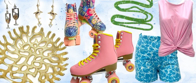 collage of roller skates, shorts, tank top, jewelry, glass bowl