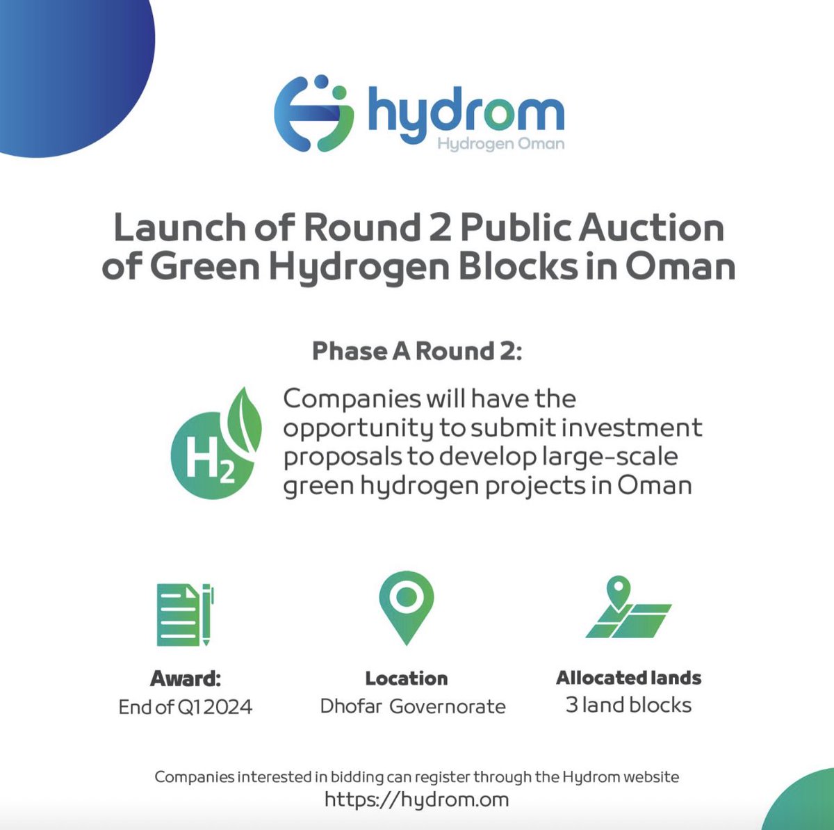 After successfully closing the first round, Oman launch the 2nd round of #Green_Hydrogen public auction.