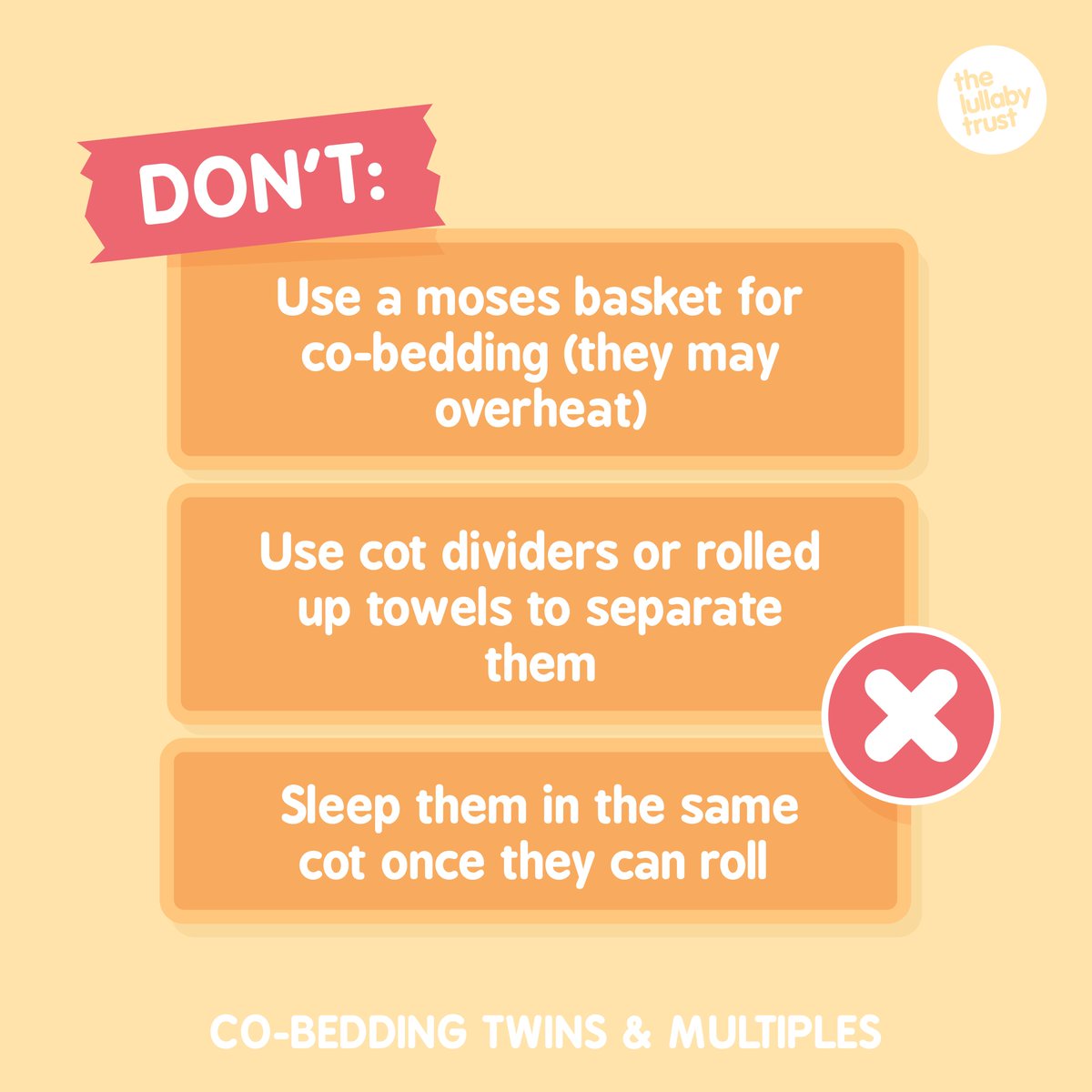 LullabyTrust's tweet photo. If you have twins/multiples, you might choose to sleep them in the same cot at first. This is called ‘co-bedding’. See image for our guidance on co-bedding. https://t.co/K9rDJ8OjDK