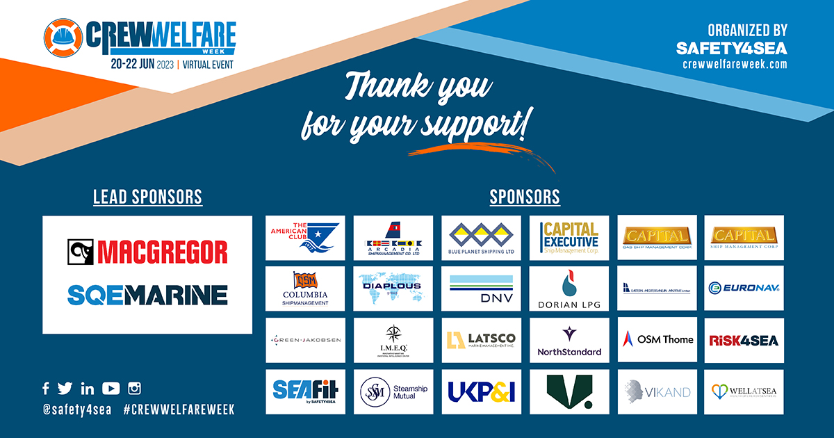 safety4sea's tweet photo. #CrewWelfareWeek 2023: Huge thanks to our sponsors! 🙌
-@risk4sea
-@seafit360
-@SteamshipMutual
-@UKPandI
-@V_GroupLtd
-@VIKANDSolutions
-@WellAtSea
🗓️We renew our date for next year! In the meantime, stay tuned with https://t.co/Rvf1YfdhRy for our future events!
3/3 https://t.co/caTYzRKDy6