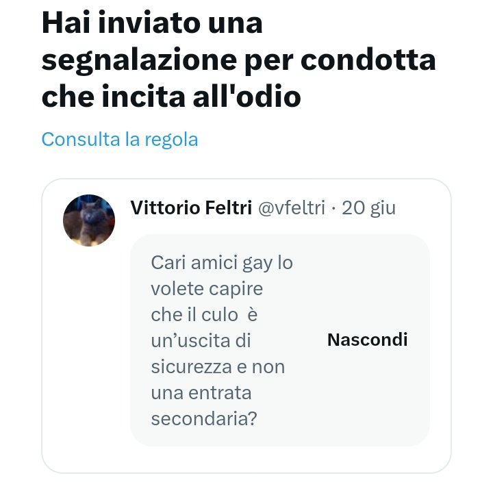 Segnaliamo a Twitter questo pezzente con la speranza che gli chiudano l'account.
#Feltri