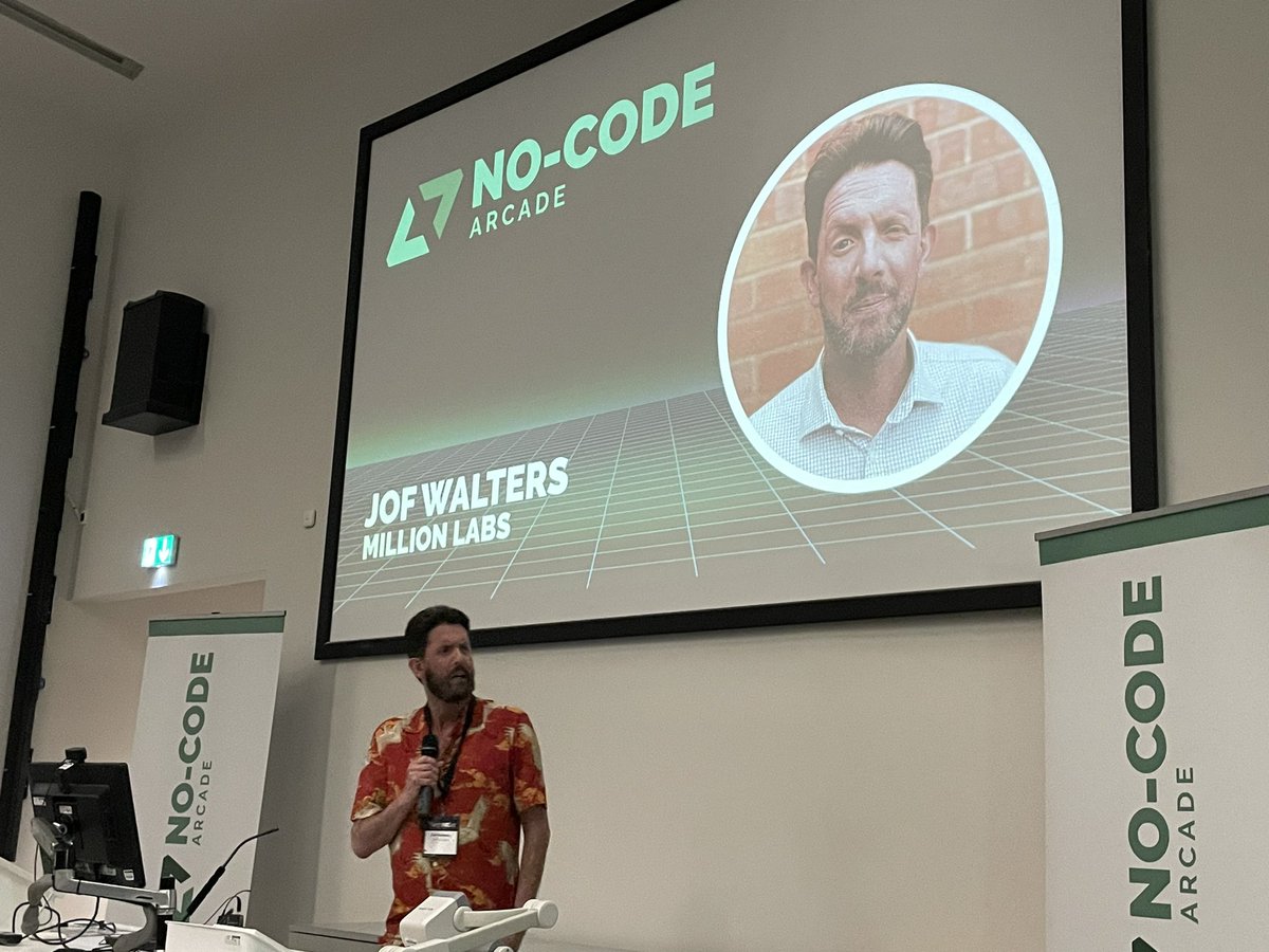 nocodenortheast's tweet image. @Millionlabs’s very own Jof Walters is up front, in full summer attire, and discussing how no-code is changing the game for start ups! 

#NoCodeArcade #TechNExt23