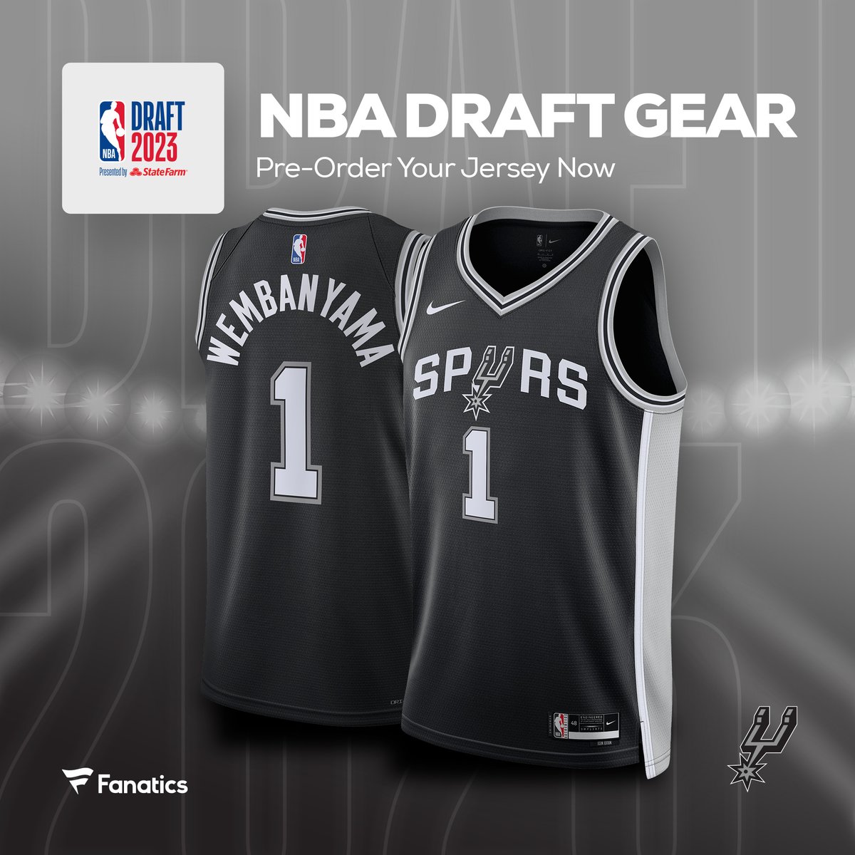 Fanatics's tweet photo. The pick is in! The San Antonio Spurs select Victor Wembanyama with the first pick of the 2023 NBA Draft! Pre-Order his brand new jersey and more today! #GoSpursGo