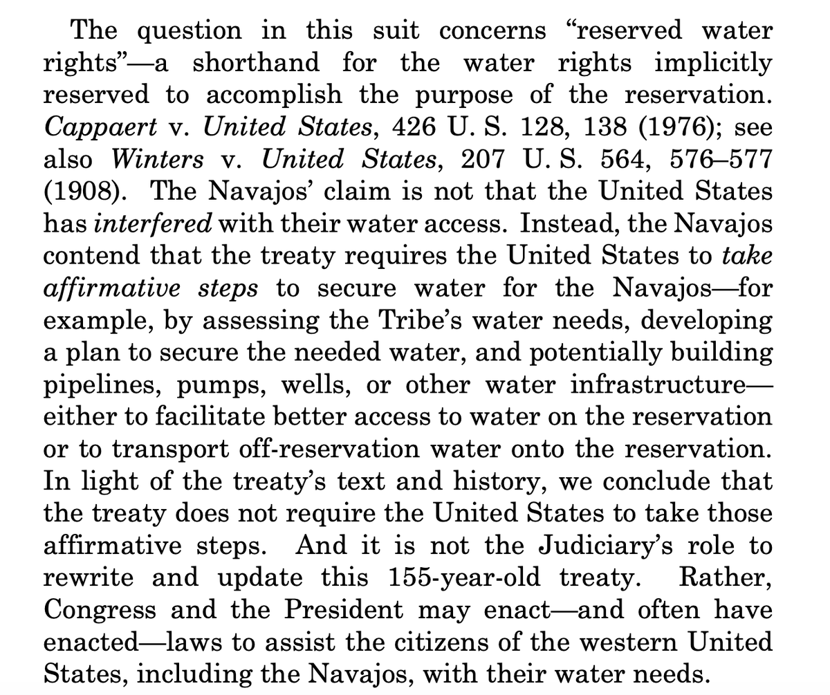 The Supreme Court's first decision of the day is Arizona v. Navajo Nation. In a 5–4 opinion, Kavanaugh holds that the federal government is NOT required to secure water for the tribe under an 1868 treaty. Gorsuch and the liberals dissent. supremecourt.gov/opinions/22pdf…