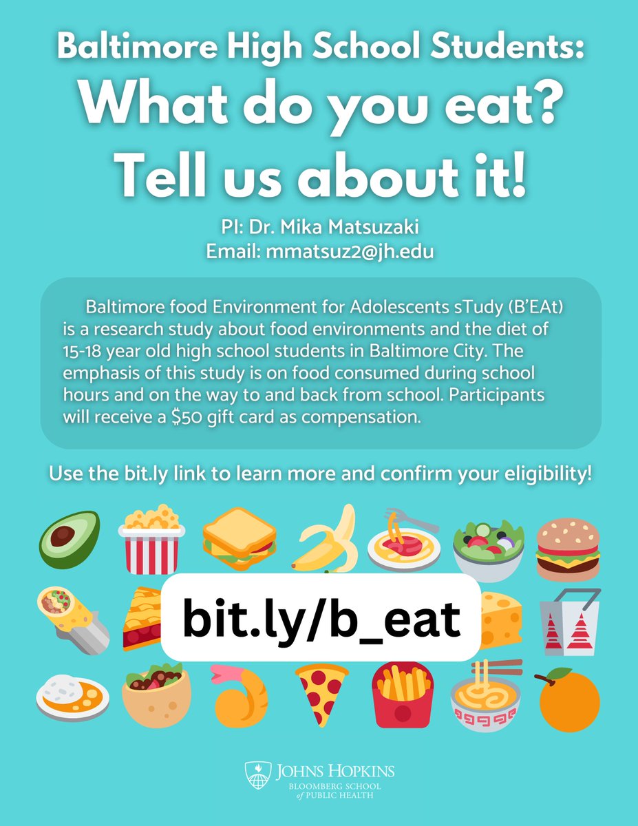 The <a href="/JohnsHopkinsSPH/">Johns Hopkins Bloomberg School of Public Health</a> is conducting a study about food environments for teens in Baltimore City 🍎🌮🍓🍔 Learn more at bit.ly/b_eat!

#bloombergschoolofpublichealth #johnshopkins #publichealth #foodenvironment #baltimorecity #baltimore