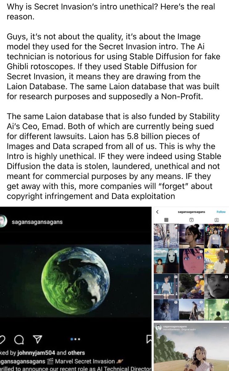 JonLamArt's tweet image. The Secret Invasion Intro’s Ai tech  they hired has a large body of Stable Diffusion work. If they used SD on the intro it traces back to the Laion Database. The Laion that is being sued by a photographer that wanted to opt out. Also SD being sued by Getty and a Class action.