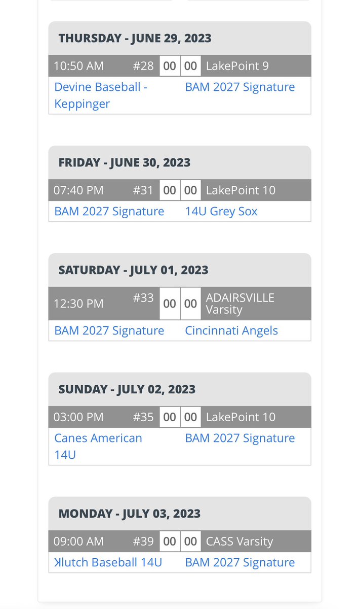 BAM 2027 Signature (@bamsignature27) on Twitter photo See you soon <a href="/LakePointSports/">LakePoint Sports</a> - BAM 2027 Signature is headed to the <a href="/prepbaseball/">Prep Baseball</a> 14U National Championship next week 6/29 - 7/5!Let’s go fellas!
<a href="/IN_BAMFAM/">Baseball/Fastpitch Academics Midwest</a> @PBRIndiana @PBRIndianaScout <a href="/PBRTournaments/">Prep Baseball Tournaments</a> @PBR_Uncommitted <a href="/PBRGeorgia/">Prep Baseball Georgia</a> <a href="/CTrinkle23/">Cooper Trinkle</a>
#HardWorkPaysOff See you soon <a href="/LakePointSports/">LakePoint Sports</a> - BAM 2027 Signature is headed to the <a href="/prepbaseball/">Prep Baseball</a> 14U National Championship next week 6/29 - 7/5!Let’s go fellas!
<a href="/IN_BAMFAM/">Baseball/Fastpitch Academics Midwest</a> @PBRIndiana @PBRIndianaScout <a href="/PBRTournaments/">Prep Baseball Tournaments</a> @PBR_Uncommitted <a href="/PBRGeorgia/">Prep Baseball Georgia</a> <a href="/CTrinkle23/">Cooper Trinkle</a>
#HardWorkPaysOff