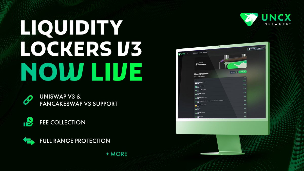 UNCX Network (@uncx_token) on Twitter photo INTRODUCING the #UNCX Liquidity Lockers v3!
✅ <a href="/Uniswap/">Uniswap Labs 🦄</a> v3 and <a href="/PancakeSwap/">PancakeSwap</a> v3 support.
✅ New-to-market features.
✅ Same UNCX reputable and trusted technology.
Check it out: 👉 univ3.uncx.network/lock/univ3/exp…
Detailed list of all of our powerful new features here: 👇 INTRODUCING the #UNCX Liquidity Lockers v3!
✅ <a href="/Uniswap/">Uniswap Labs 🦄</a> v3 and <a href="/PancakeSwap/">PancakeSwap</a> v3 support.
✅ New-to-market features.
✅ Same UNCX reputable and trusted technology.
Check it out: 👉 univ3.uncx.network/lock/univ3/exp…
Detailed list of all of our powerful new features here: 👇