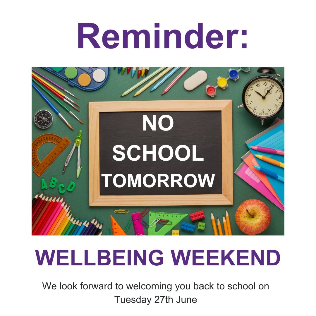 A reminder that there is no school tomorrow (23rd June) or Monday (26th June). We are closed for our annual wellbeing weekend. We hope all of our families have a relaxing weekend and we look forward to welcoming you back to school on Tuesday 27th June. @HeadLHS