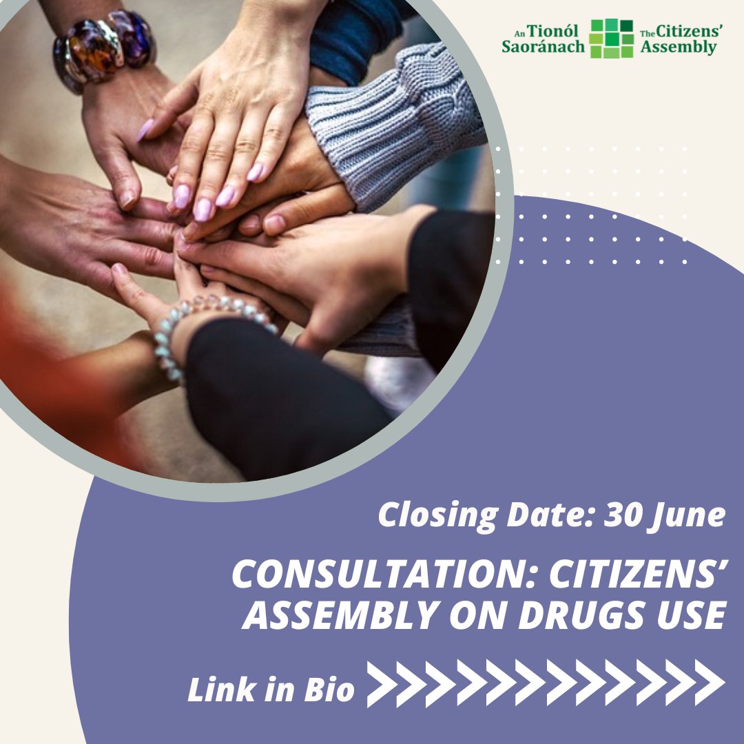 Cork City Public Participation Network (@corkcityppn) on Twitter photo #consultation
<a href="/CitizAssembly/">The Citizens' Assembly</a> is currently inviting submissions from stakeholders and the wider public who wish to engage with the Citizens’ Assembly on Drugs Use.
Closing Date: 30 June
Link in Bio #consultation
<a href="/CitizAssembly/">The Citizens' Assembly</a> is currently inviting submissions from stakeholders and the wider public who wish to engage with the Citizens’ Assembly on Drugs Use.
Closing Date: 30 June
Link in Bio