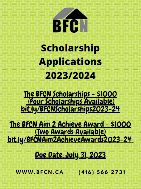 The <a href="/BFCN2011/">BFCN</a> scholarships and awards application process is now open. 

There are 6 scholarships available. 

The deadline to apply is July 31, 2023. 

Visit bit.ly/BFCNScholarshi… or bit.ly/BFCNAim2Achiev… to learn more.