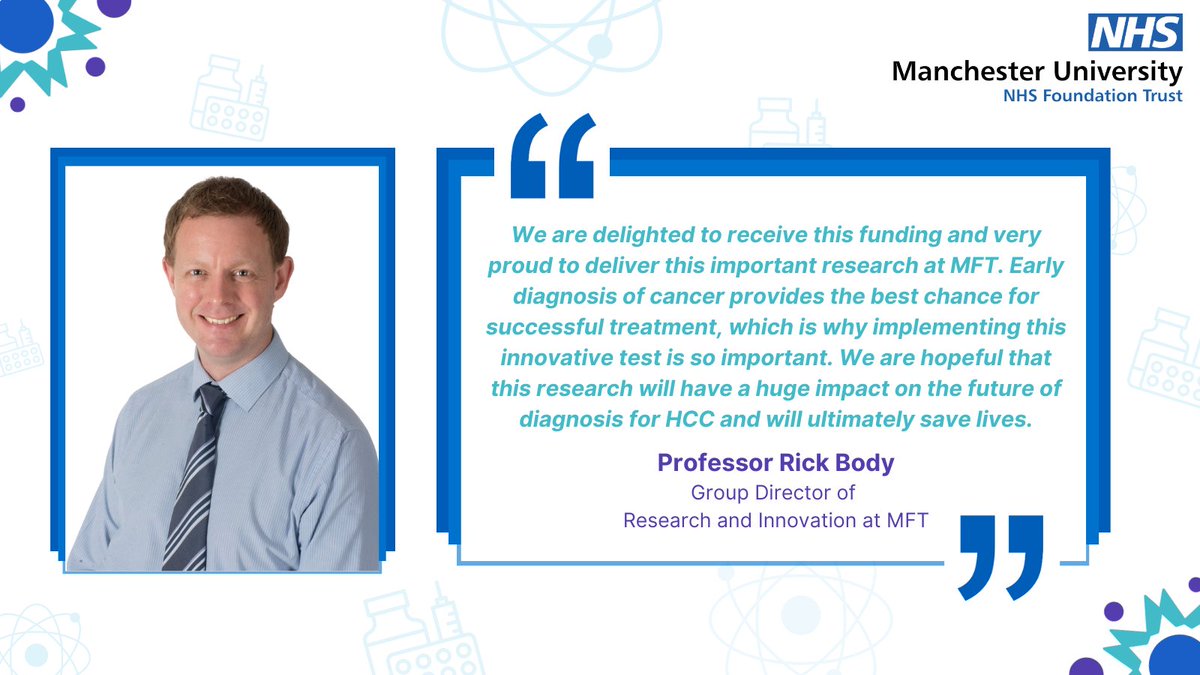 MFT Research and Innovation (@mft_research) on Twitter photo Researchers at <a href="/MFTnhs/">MFT NHS</a> and <a href="/OfficialUoM/">The University of Manchester</a> have been awarded over £1 million by <a href="/NHSEngland/">NHS England</a> to explore the use of an innovative test for the most common liver cancer, HCC.
Find out more about this potentially life-saving research, supported by <a href="/RocheDiaUK/">Roche Diagnostics UK</a> 👇
research.cmft.nhs.uk/news-events/ma… Researchers at <a href="/MFTnhs/">MFT NHS</a> and <a href="/OfficialUoM/">The University of Manchester</a> have been awarded over £1 million by <a href="/NHSEngland/">NHS England</a> to explore the use of an innovative test for the most common liver cancer, HCC.
Find out more about this potentially life-saving research, supported by <a href="/RocheDiaUK/">Roche Diagnostics UK</a> 👇
research.cmft.nhs.uk/news-events/ma…