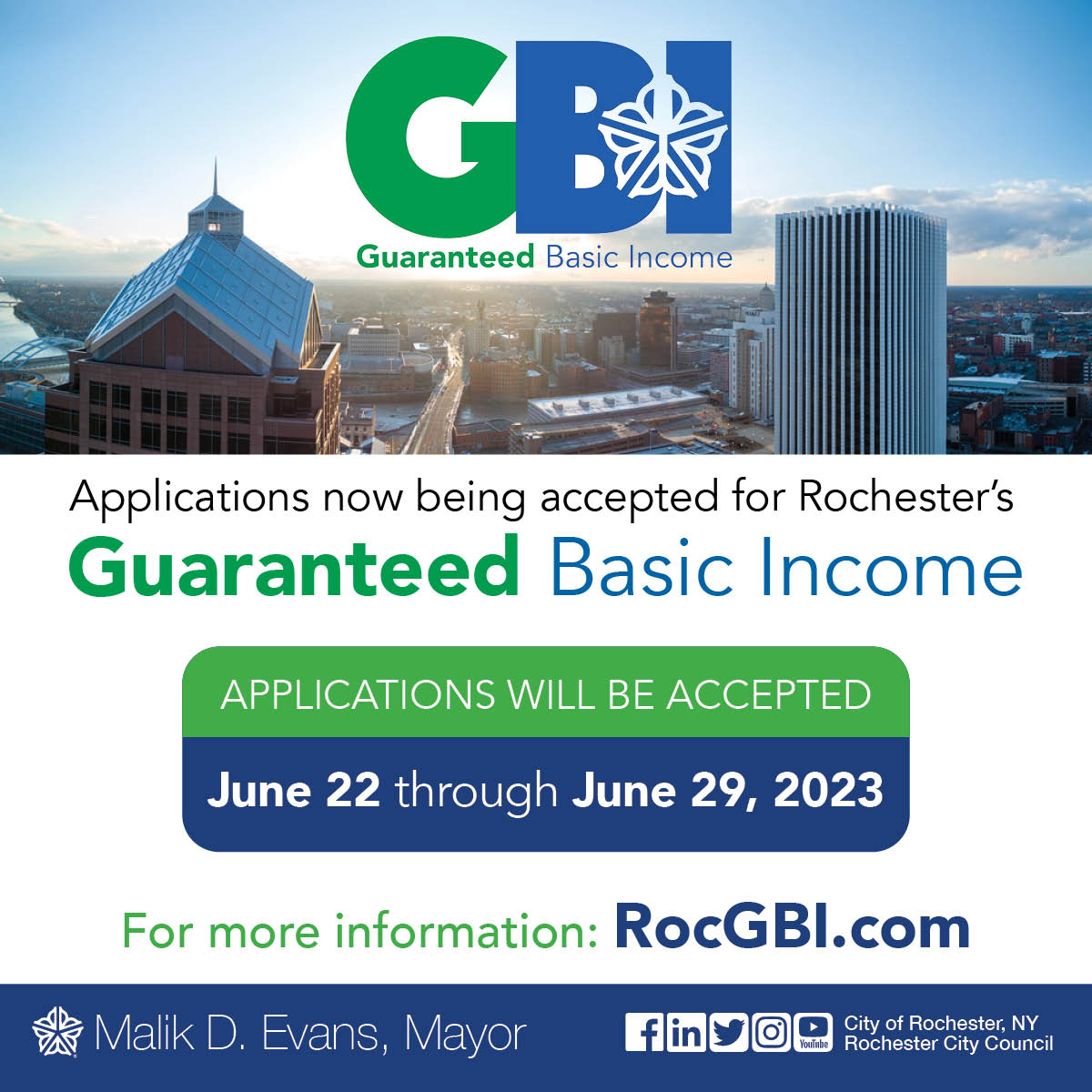 CityRochesterNY's tweet photo. Starting today, qualified city residents will be able to apply for the City of Rochester’s Guaranteed Basic Income (GBI) Program. 

To learn more, including eligibility information, application assistance locations, and general FAQs, visit https://t.co/6HfTKQkpHJ. https://t.co/Xu0gvyKGgO