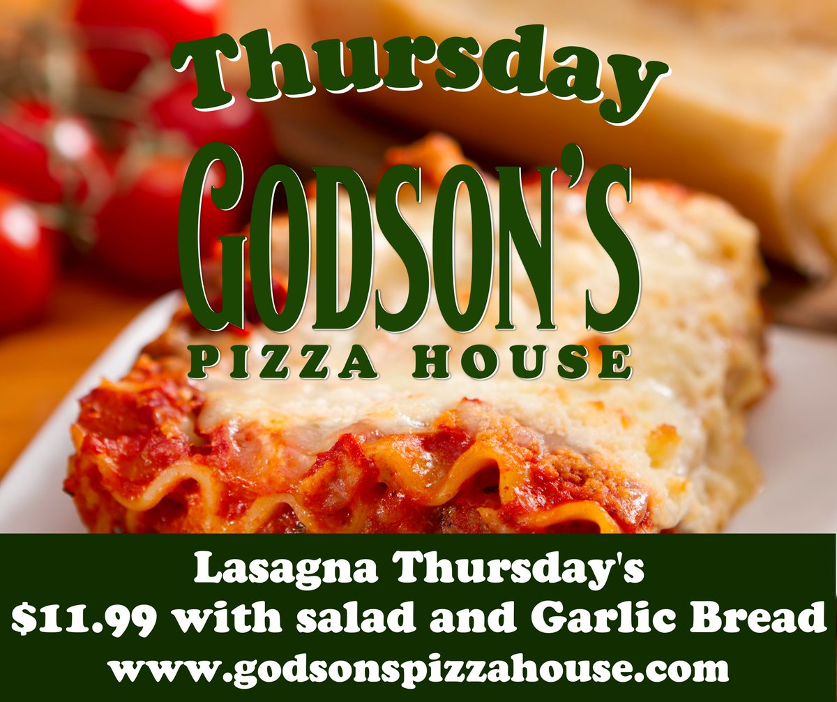 'Calling all lasagna lovers! 🍝 Come savor the flavors at Godson's Pizza House this #LasagnaDay. For just $11.99, enjoy our rich, hearty lasagna served with your choice of soup or salad and delicious garlic bread. Make your taste buds dance! 🍽 #GodsonsFeast'