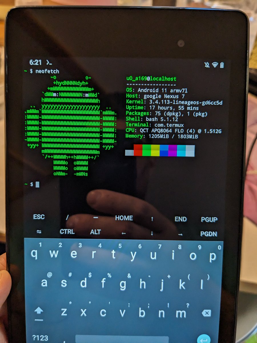 And finally, for the 10 year old Nexus tablet, running LineageOS, we have this. 

Termux installed via FDroid where I can bash around and get my Linux on. 

So many valid use cases still for this thing.