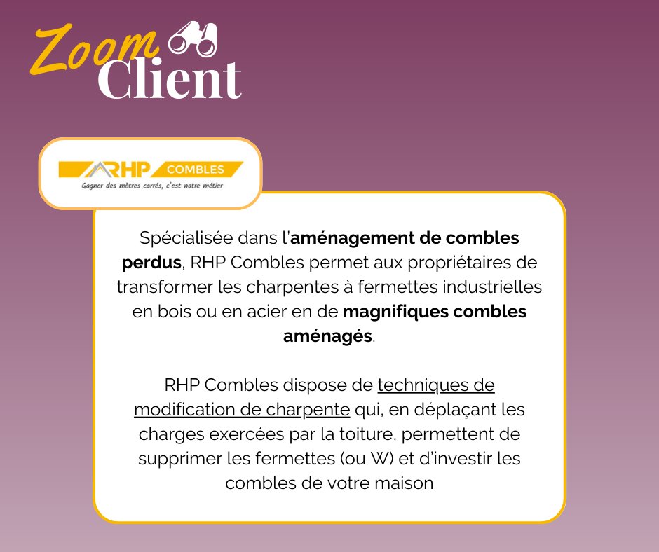 [ZOOM CLIENT🔎]
Aujourd'hui zoom sur notre #client RHP Combles ! 🧐
Spécialisée dans l'aménagement de combles perdus, confiez votre projet d'aménagement des combles à RHP Combles et profitez de conseils d'experts de la #charpente et de l'#aménagement de combles perdus. 😀