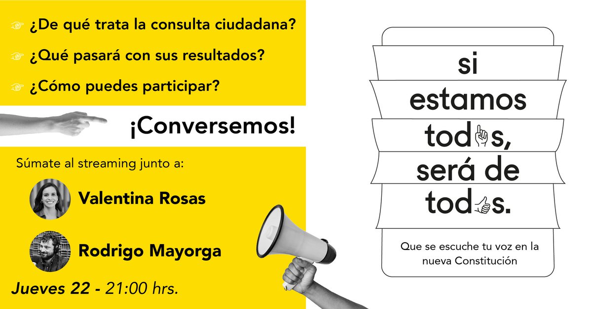 ¿Qué es la Consulta Ciudadana y cómo puedo participar? Hoy te contamos en streaming junto a <a href="/Rosas_Valentina/">Valentina Rosas</a> y @rmayorgac 📲👀

Conéctate esta tarde de lluvia 🌧 a partir de las 21 horas por Instagram, Facebook y YouTube 🙋‍♀️🙋‍♂️