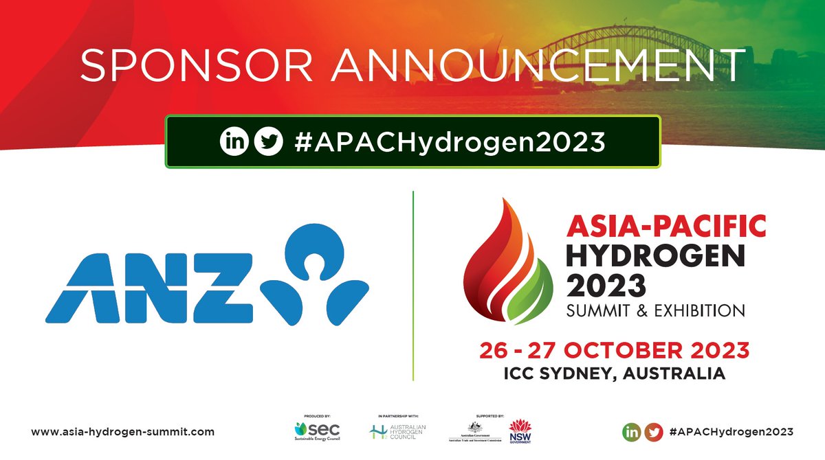 Asia-Pacific Hydrogen 2023 (@apachydrogen) on Twitter photo 📣 SPONSOR ANNOUNCEMENT! 📣
<a href="/ANZ_AU/">ANZ Australia</a> are Gold Sponsor for the #APACHydrogen2023 Summit & Exhibition <a href="/ICCSyd/">ICC Sydney</a> on 26 - 27 October.
📌Stand: bit.ly/3kY86g3
🎟️Ticket: bit.ly/3mFLYrv
📕Brochure: bit.ly/3ZxwxQt 📣 SPONSOR ANNOUNCEMENT! 📣
<a href="/ANZ_AU/">ANZ Australia</a> are Gold Sponsor for the #APACHydrogen2023 Summit & Exhibition <a href="/ICCSyd/">ICC Sydney</a> on 26 - 27 October.
📌Stand: bit.ly/3kY86g3
🎟️Ticket: bit.ly/3mFLYrv
📕Brochure: bit.ly/3ZxwxQt
