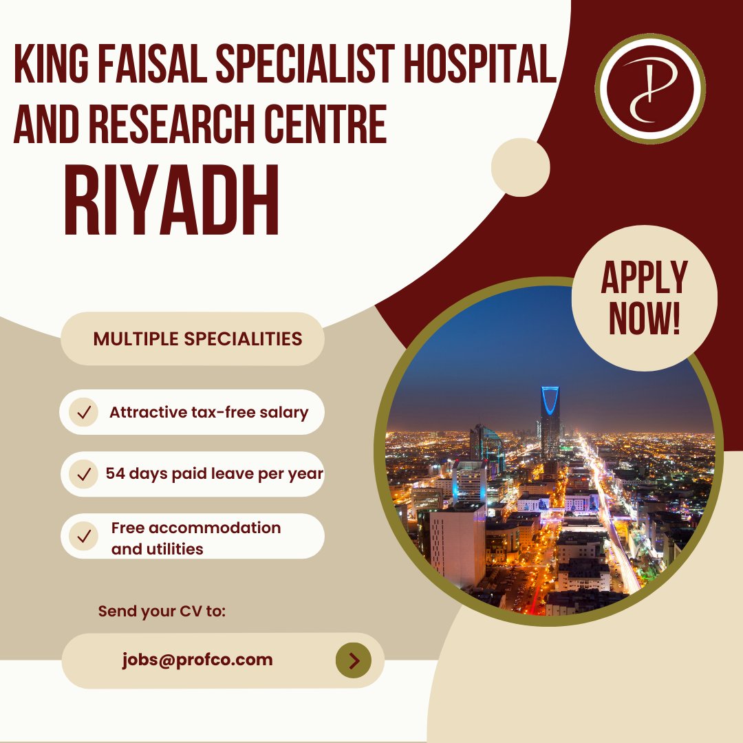 profcojobs's tweet photo. King Faisal Specialist Hospital is hiring in multiple specialities!
https://t.co/DOHZ3XTeZQ

Send your CV to jobs@profco.com

#KFSH #KFSHRC  #nursinginsaudi #nursinginriyadh #nursinginthemiddleeast #internationalnurses #KingFaisalSpecialistHospital #NursingInRiyadh #taxfreesalary https://t.co/30Sy3eSz50