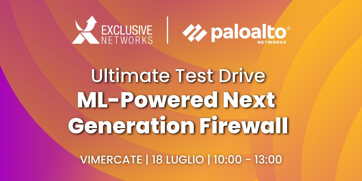 Ti invitiamo all'Ultimate Test Drive ML-Powered Next Generation Firewall organizzato con @PaloAltoNtwksIT che si terrà il 18 Luglio, dalle ore 10:00.

Partecipa all'evento per una sessione hands-on su Palo Alto Networks ML-Powered Next Generation Firewall👉lnkd.in/dx9bZJiT