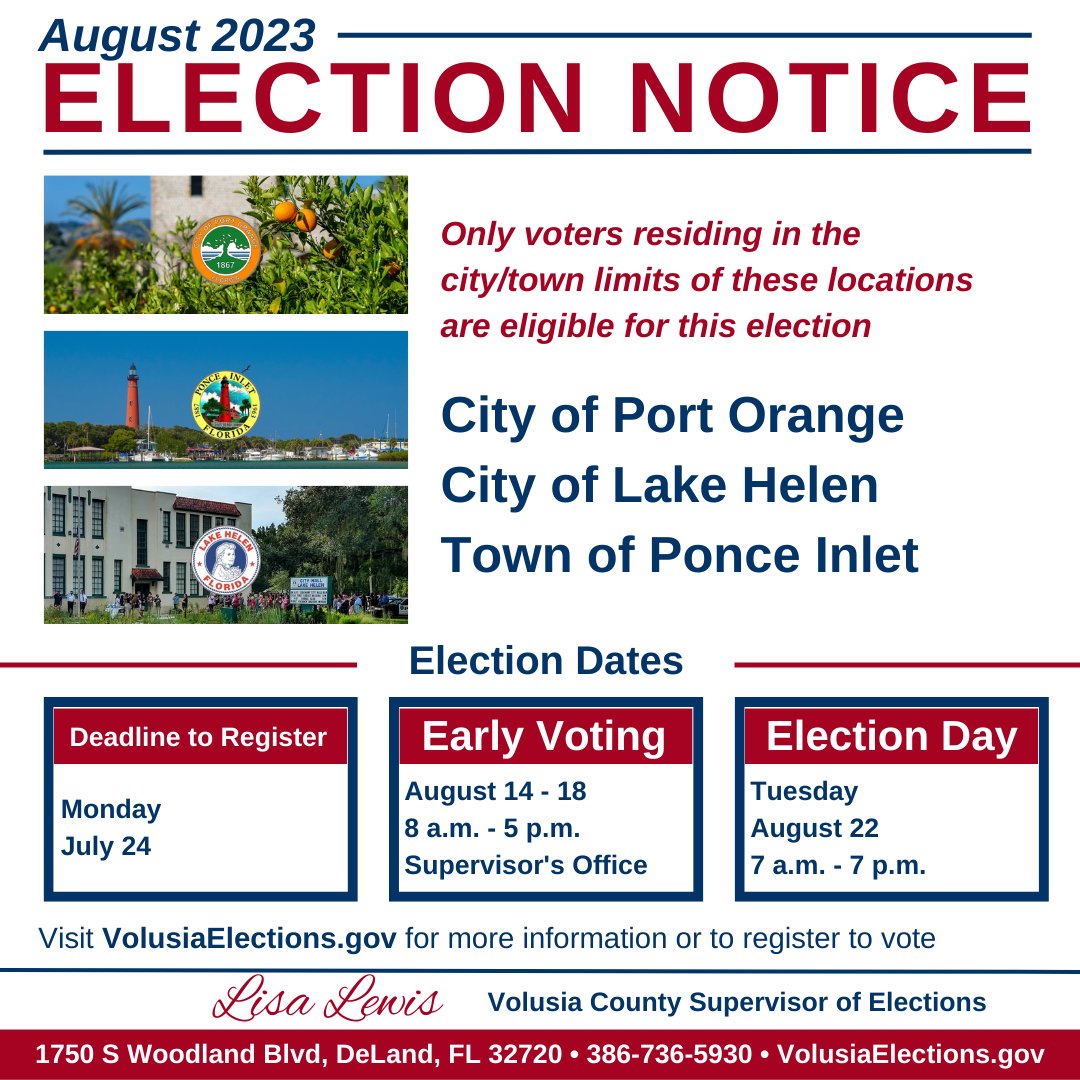 Voters in #PortOrange, #LakeHelen and #PonceInlet will head to the polls on August 22.  

#BeElectionReady by visiting VolusiaElections.gov to check your voter status, request a vote-by-mail ballot, view your sample ballot, or find your Election Day polling place.