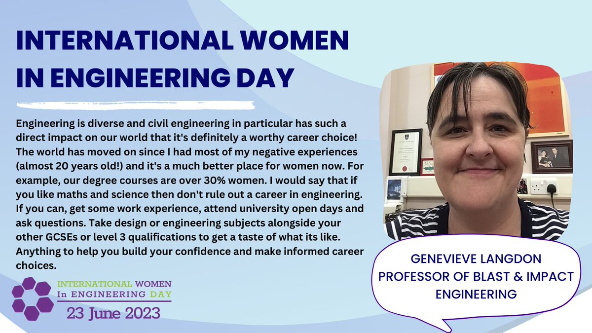 'Our degree courses are over 30% women'

Next in our International Women in Engineering Day #INWED23 series is Professor Genevieve Langdon. Read below her advice for potential students who are curious about Civil and Structural Engineering.

#WomenInEngineering #StudyWithUs