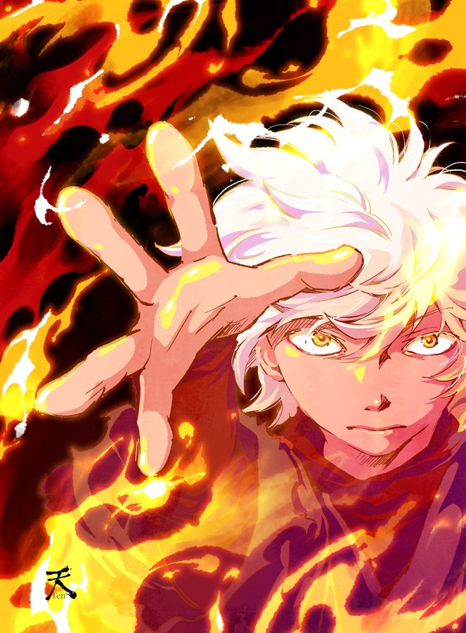 1boy solo fire male focus white hair yellow eyes looking at viewer  illustration images