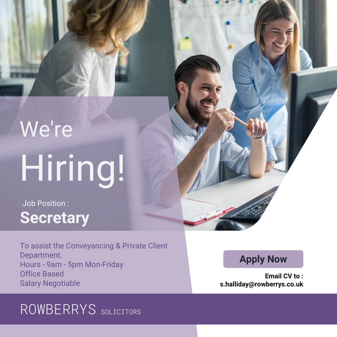 We have an exciting opportunity and are looking to hire a legal secretary to assist our Conveyancing and Private Client Department. 

For a full job description or to 
apply now please forward your CV today.

#JOBALERT #jobopportunity #JobVacancy #LegalJobs