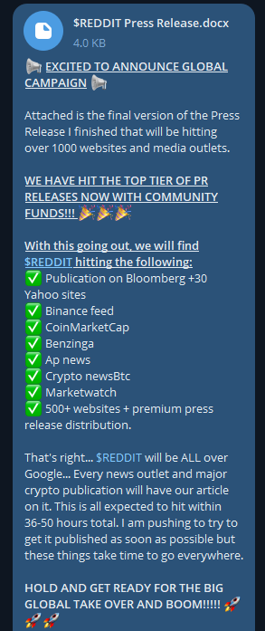 RedditERC's tweet photo. $REDDIT Global Campaign Initiated

Within 30-50 hours $REDDIT will be in:
✅ Publication on Bloomberg +30 Yahoo sites 
✅ Binance feed
✅ CoinMarketCap
✅ Benzinga 
✅ Ap news
✅ Crypto newsBtc
✅ Marketwatch
✅ 500+ websites + premium press release distribution.

Get ready. https://t.co/qgKK6p8Clp