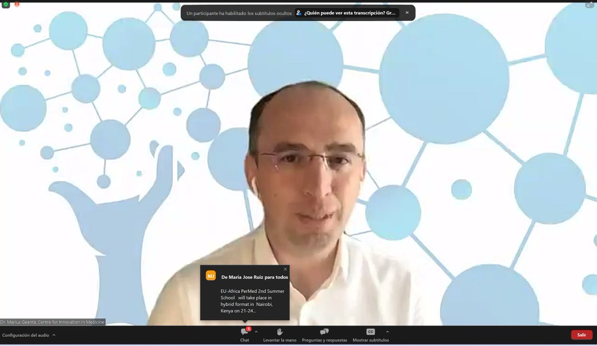 EU_AfricaPerMed's tweet photo. 6th EU-Africa PerMed webinar happening now👇

Dr. Marius Geantă @MGeanta (from Centre for Innovation in Medicine) points out the need of considering in routine public health practice the cost of #implementation of PM #technologies vs the cost of not implementing. https://t.co/k22uDENj2B