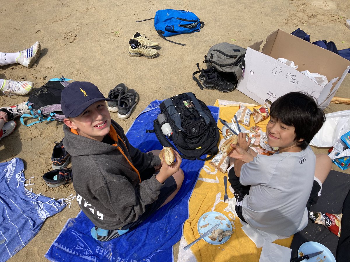 KingsHouseTrips's tweet photo. Another busy day for Y8. This morning the boys went to the market to buy their lunch. And what better place to enjoy it than on the beach?! Some interesting sandwich fillings though…! #KHSYear8Normandy https://t.co/KPJTaNg9IS