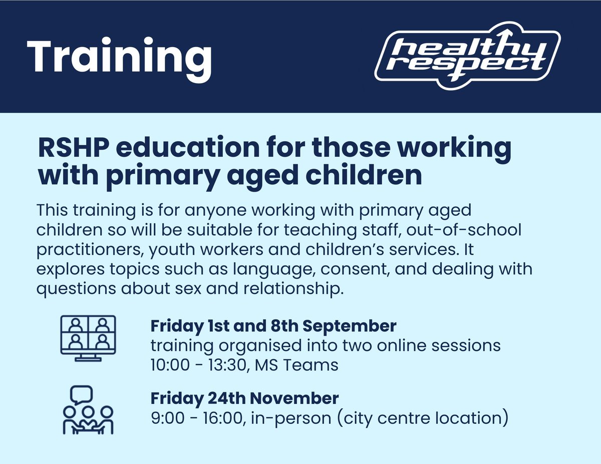 This training is for anyone working with primary aged children so will be suitable for teaching staff, out-of-school practitioners, youth workers and children’s services. For more information about Healthy Respect training see bit.ly/HealthyRespect…