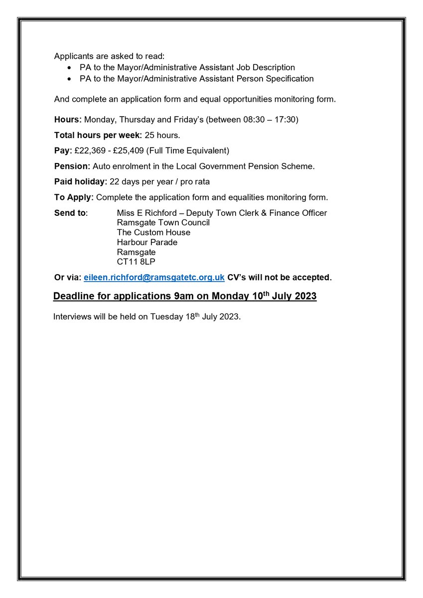 Ramsgate Town Council is seeking a Personal Assistant to provide executive support to the Mayor.

Deadline for applications: 9am on Mon 10 Jul 2023. 

Interviews will be held on Tue 18 Jul. #jobs #ramsgate #hiring

To apply click the link below:
ramsgatetown.org/town-council/v…