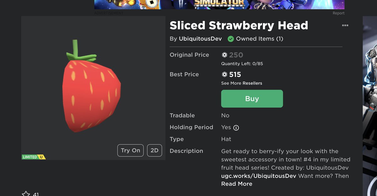 ubiquitous_dev's tweet image. UGC LIMITED now sellable! Sliced Strawberry Head (85 copies)! You can now buy and sell this head! roblox.com/catalog/133258…
View all my UGC at: ugc.works/UbiquitousDev :)

#roblox #RobloxUGC #RobloxUgcItem #RobloxLimitedUGC #RobloxDev #RobloxDevs