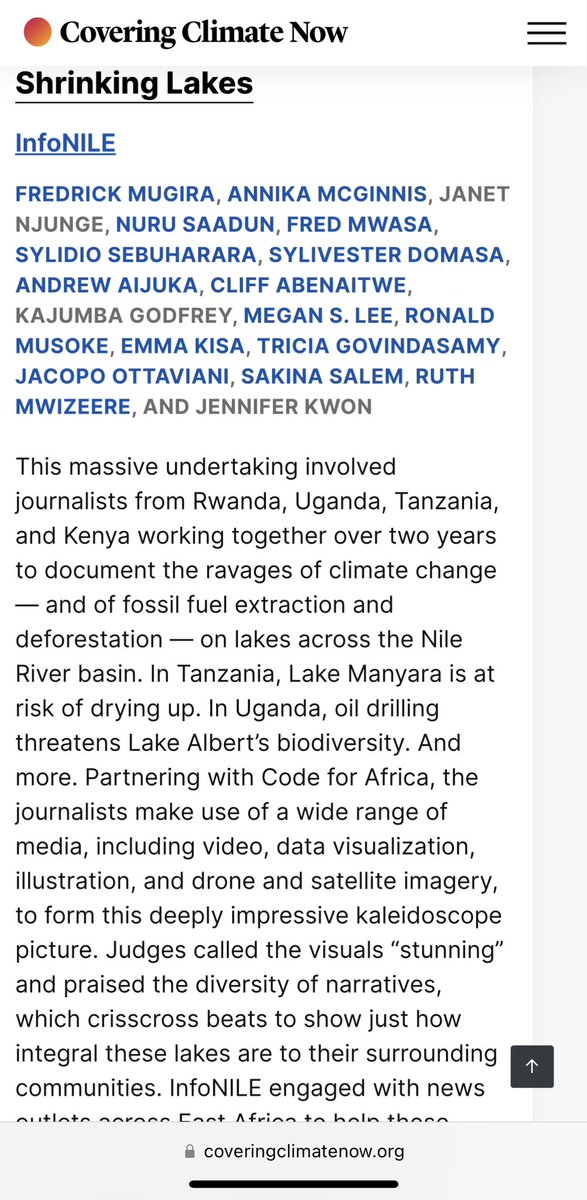 Super proud of our <a href="/infoNILE/">InfoNile</a> team alongside <a href="/Code4Africa/">Code for Africa</a> for making it to the finalists of the <a href="/CoveringClimate/">Covering Climate Now 🦋 @coveringclimate.org</a> awards for our collaborative multimedia project #ShrinkingLakes!

It is humbling to be listed amongst some of the world’s top media platforms in #climate coverage. 💚