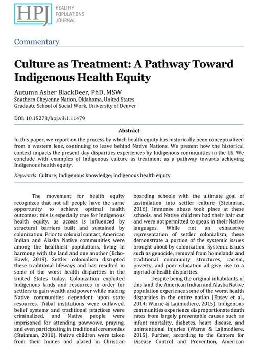 INFOLEKIOSK's tweet photo. #CultureAsTreatment - A Pathway Toward #IndigenousHealthEquity.
A short paper by @DrBlackDeer, PhD, Southern Cheyenne Nation, Oklahoma.
#Culture #IndigenousKnowledge #GlobalHealth #IndigenousMentalHealth
#IndigenousNations and #WhiteSettlerColonialism
https://t.co/GhFFwkVL04 https://t.co/Bfx3WS8JoK