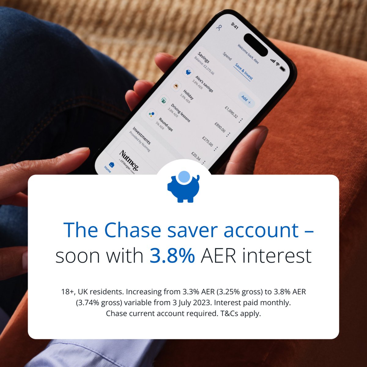 ⬆️ From 3 July, each Chase saver account will earn 3.8% AER (3.74% gross) variable interest!

Don't forget – you can open up to 10 with us. 1/2