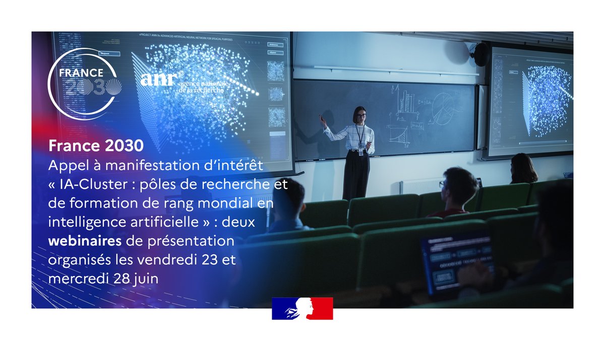#France2030 Dans le cadre de l’AMI IA-Cluster, 2 webinaires d’information sont organisés pour les équipes qui prévoient de soumettre une proposition

Inscriptions⤵️
Webinaire 1 Vendredi 23 juin-16h: bit.ly/42Oknni
Webinaire 2 Mercredi 28 juin-9h : bit.ly/3qYxoxv