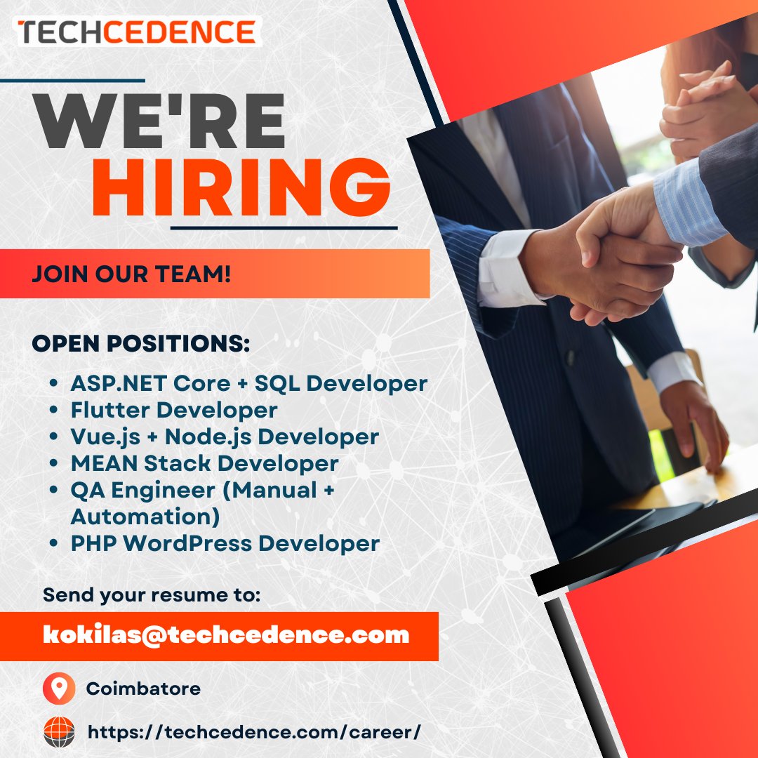techcedence's tweet photo. #Join our dynamic #team and unlock your #career potential! 📷 We're #hiring passionate #professionals who are ready to make a difference. 📷 Explore exciting #opportunities and take the next step towards #success with us!

Visit our career page today: https://t.co/fdp55hSxDv https://t.co/M4Vc7ZX9IY