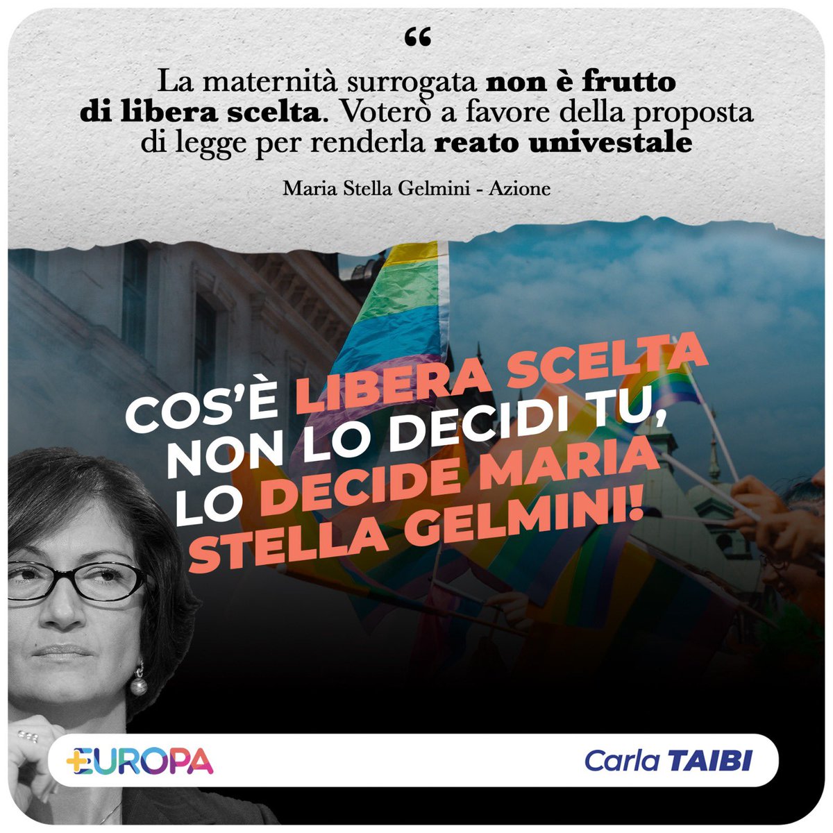 Oggi <a href="/msgelmini/">Mariastella Gelmini</a> di <a href="/Azione_it/">Azione</a> ha dichiarato che voterà a favore della proposta di legge della maggioranza per rendere "reato universale" la gestazione per altri.

Per lei la decisione di diventare genitore, in questo caso, non è frutto di una libera scelta. Perché cos’è la libera
