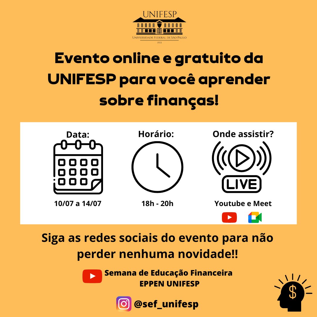 unifesp's tweet photo. Tem dificuldade em fazer um planejamento financeiro? Não sabe como aplicar o #consumo consciente? Venha aprender na VIII Semana da #EducaçãoFinanceira 2023! De 10 e 14/7. Inscrições gratuitas: https://t.co/URSU9u4KW6. #unifesp #somosunifesp #unifesposasco #eppen https://t.co/3wz2xx52bG