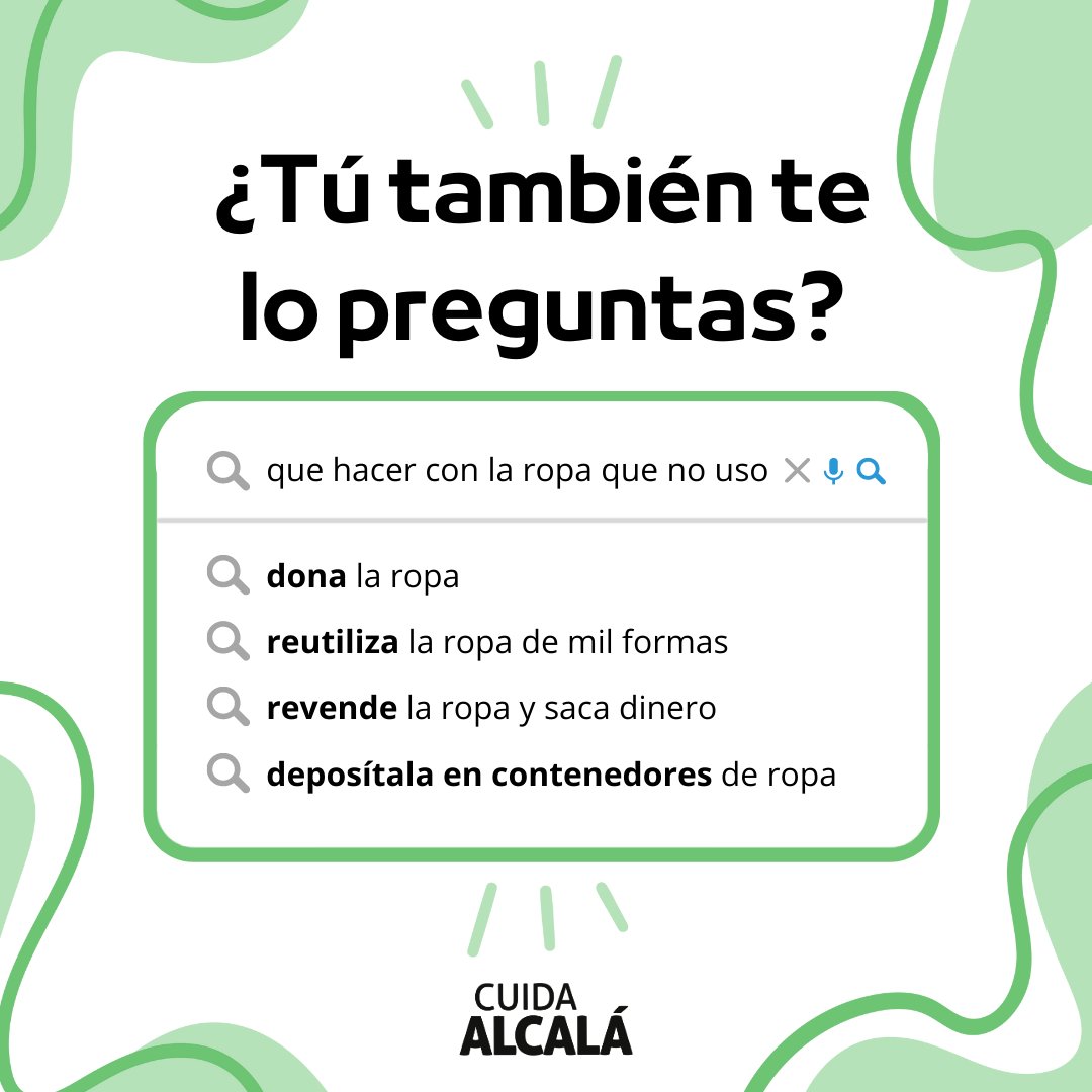 👕 La ropa, como muchos otros residuos, pueden tener muchas más vidas. Para ello solo tienes que:

🗑️ Depositarla en su contenedor específico
🎁 Donarla
💶 Revenderla, así ganas dinero extra
🧽 Convertirla en trapos para limpiar
¿Se te ocurre alguna opción más? Te leemos👇