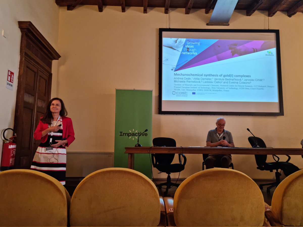 Gold(I) luminescent metal complexes by Mechanochemistry are now being presented by Andrea Deak <a href="/beyondbenign/">Beyond Benign</a> <a href="/COSTprogramme/">COST</a> <a href="/EuChemS/">EuChemS</a> <a href="/YoungChemists/">EYCN</a>