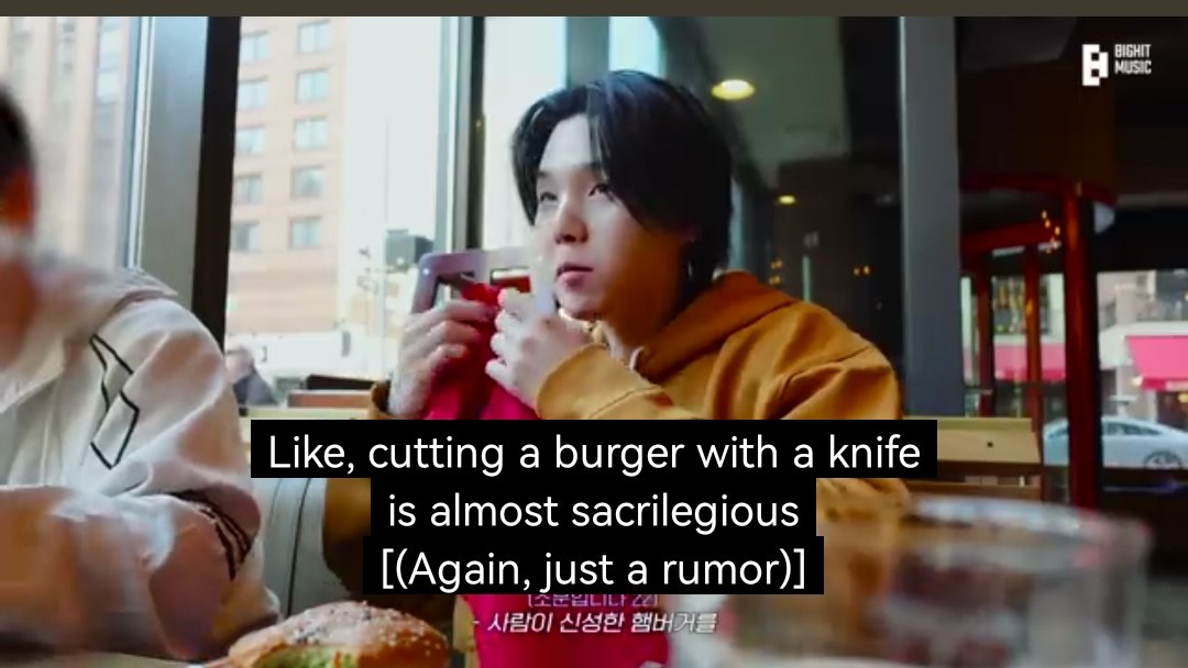 mhereonlyforbts's tweet photo. "cutting a burger with a knife is almost sacrilegious" yoongi is so real for this like 😭😭 https://t.co/XzXpqdie4u