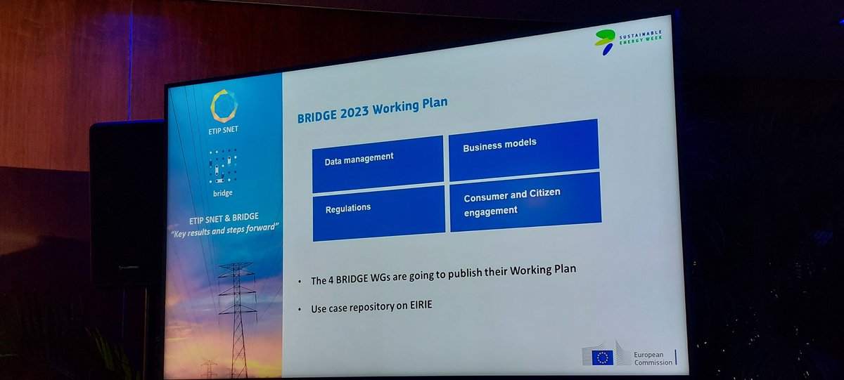 Insightful speeches by @cinea_eu and @Energy4Europe  and updates from #BridgeEU and #ETIPSNET at the #EUSEW event on Tuesday afternoon.

#SENERGYNETS participates in all Working Groups of the Bridge Initiative.

#EUSEW2023 #sectorcoupling #sectorintegration #energytransition