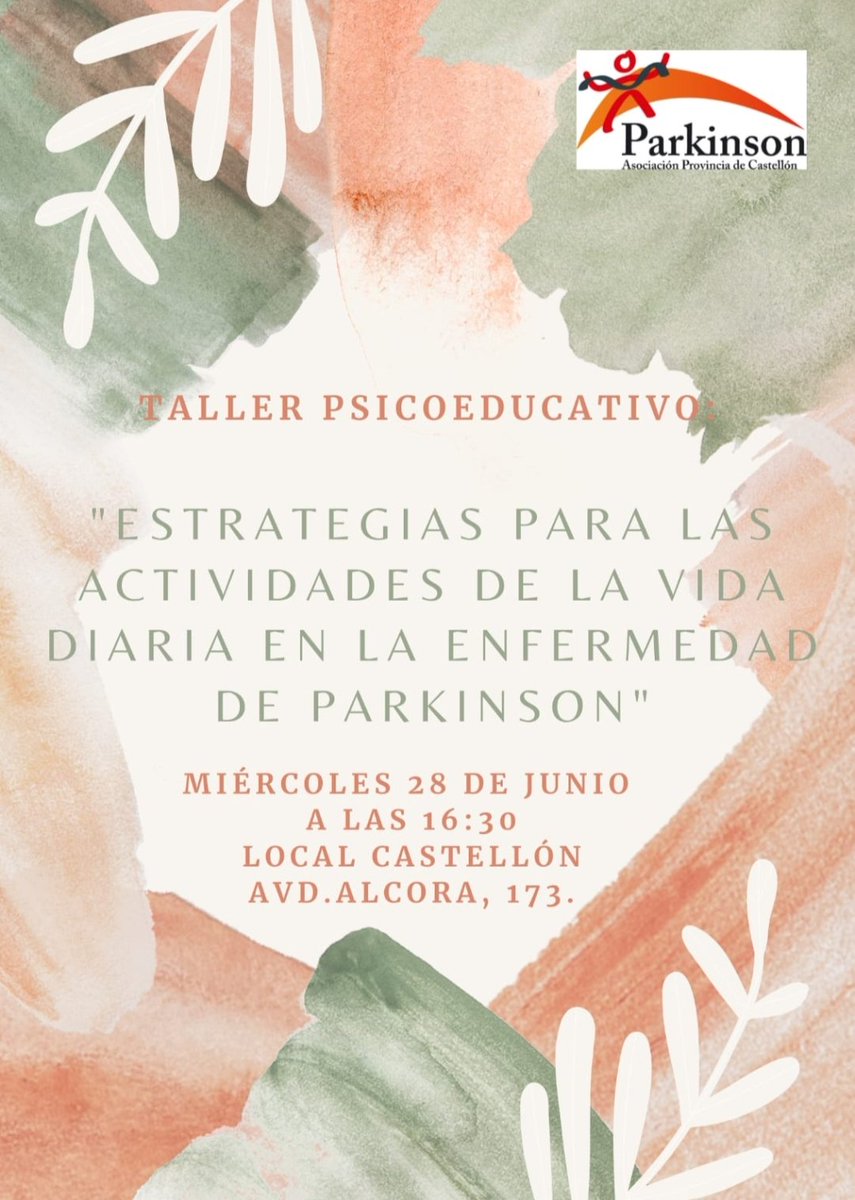 parkinson_cs's tweet photo. Buenos días! ☀️
📌El próximo miércoles 28 de junio, nuestra terapeuta ocupacional, Ana López, impartirá un taller sobre estrategias para las AVD en EP 🍽️, 🥛, 🛏️. 
Os esperamos el próximo miércoles a las 16:30h en nuestro local de Castellón. 🙌🏻❤️
Se ruega confirmación
Gracias 😊 https://t.co/SdiSC4Tttw